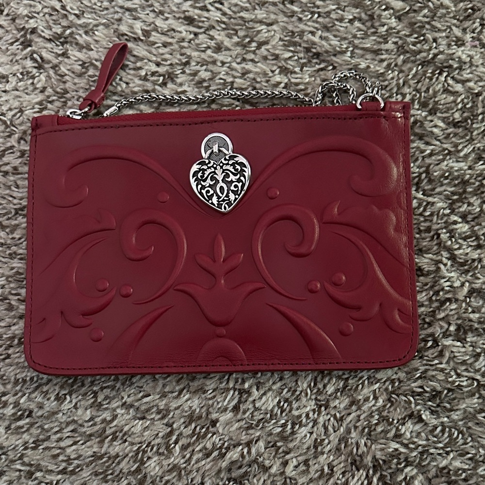 Brighton Red Embossed Leather Clutch with Silver Heart Accent